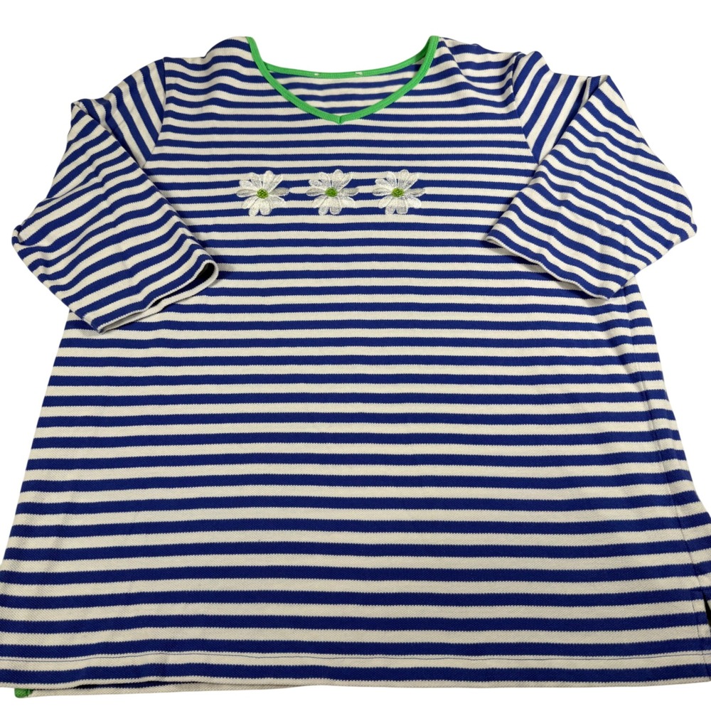 Striped Daisy Top XL‎ Blue White Green 3/4 Sleeve Pique Knit Cheerful Spring
